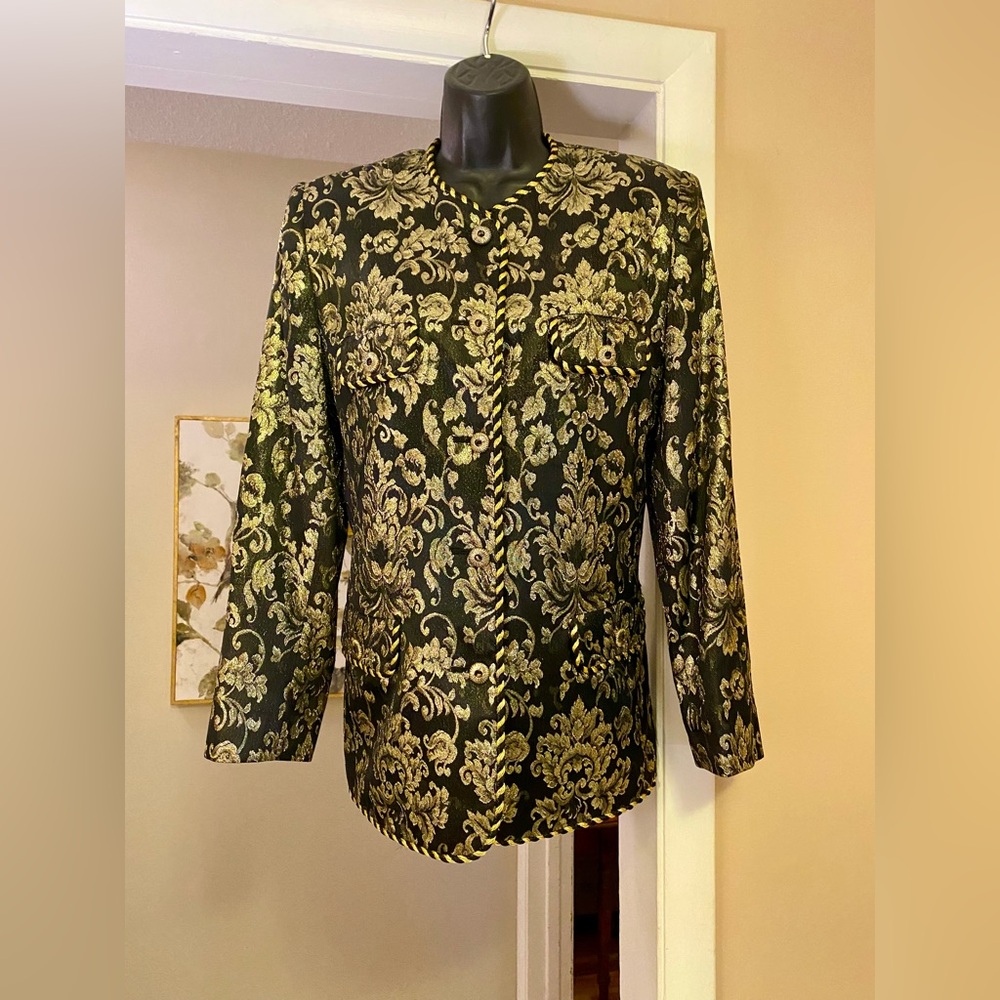 Vtg Evan Picone Lord & Taylor BLACK & GOLD  Jacquard Brocade BLAZER Jacket Sz 8